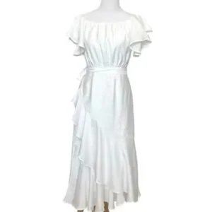 Here Comes Sun White Short Sleeve Midi Dress with wrap skirt overlay Size Med